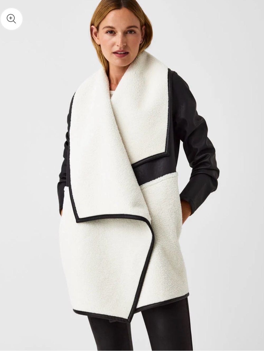 SPANX Cream Faux Leather & Shearling Drape Vest with Black Trim